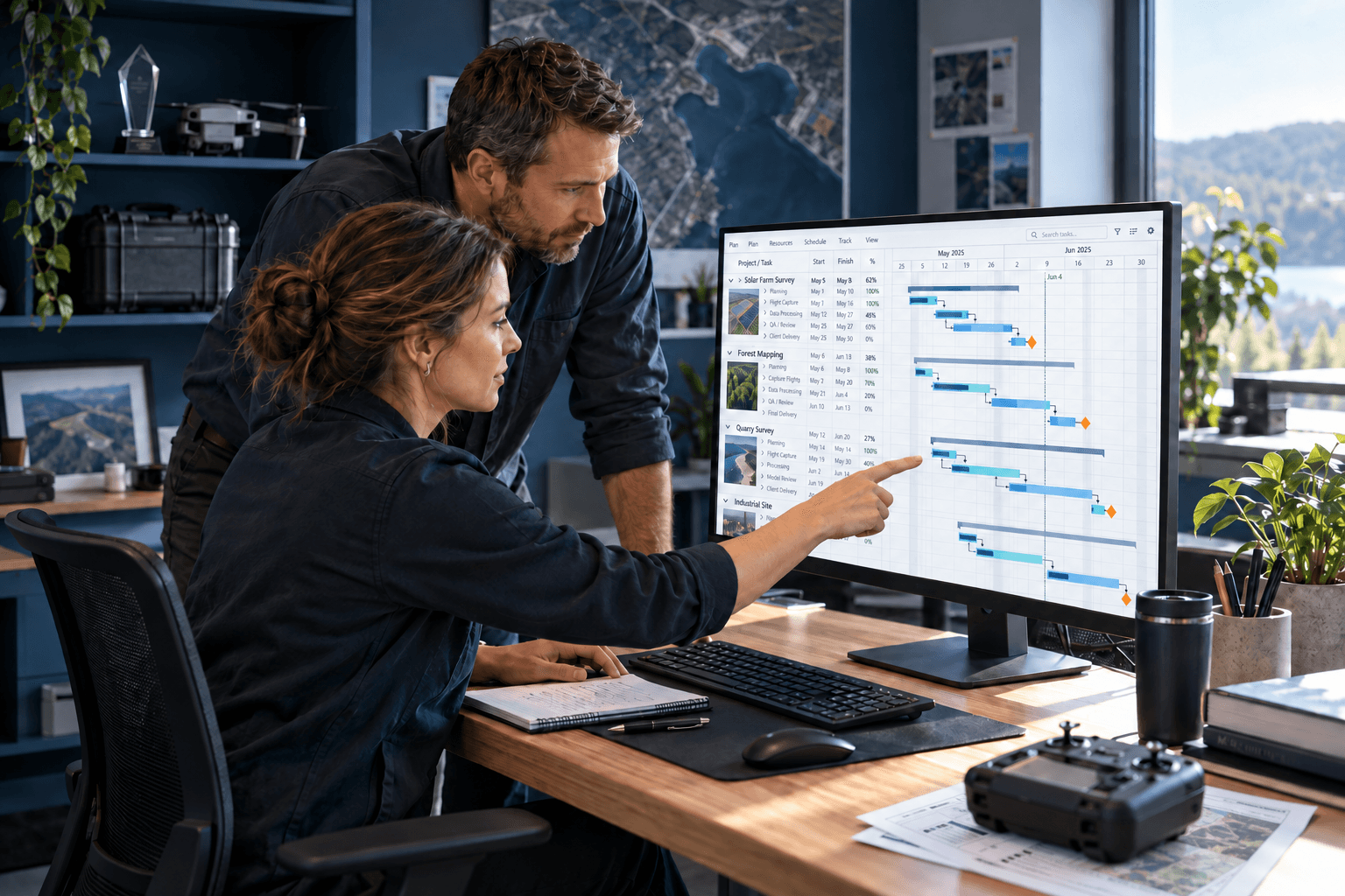 Drone business team reviewing project schedules on a planning screen