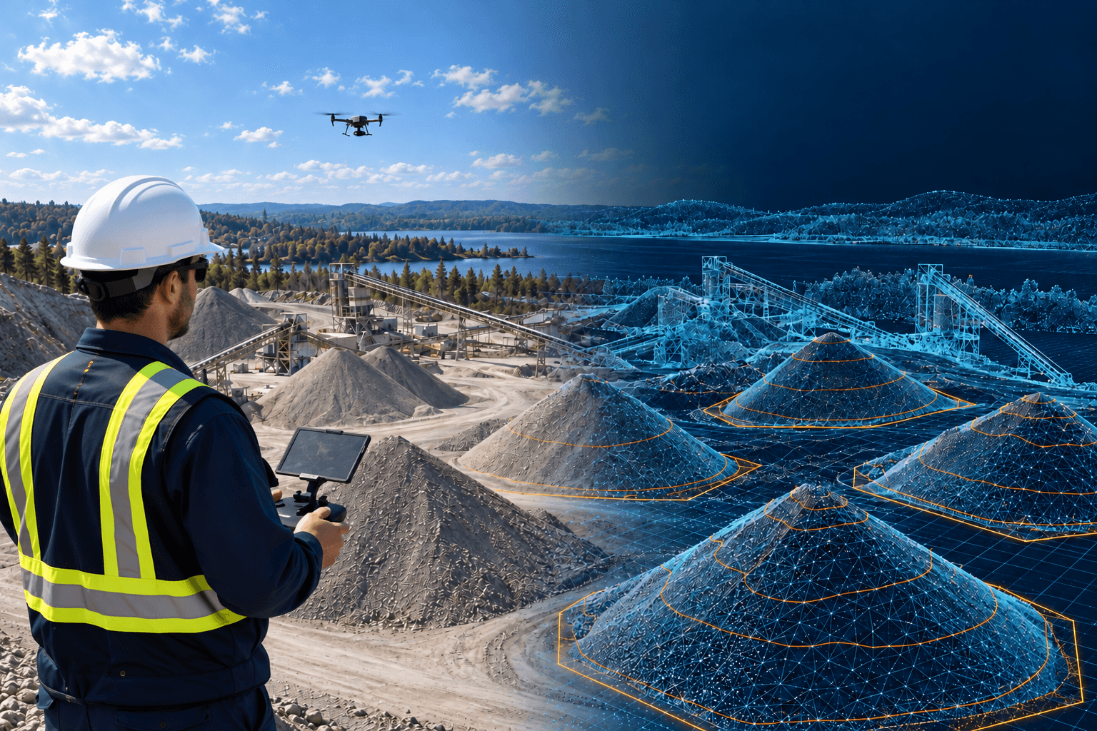 Drone pilot at a quarry with a digital-twin view of material stockpiles