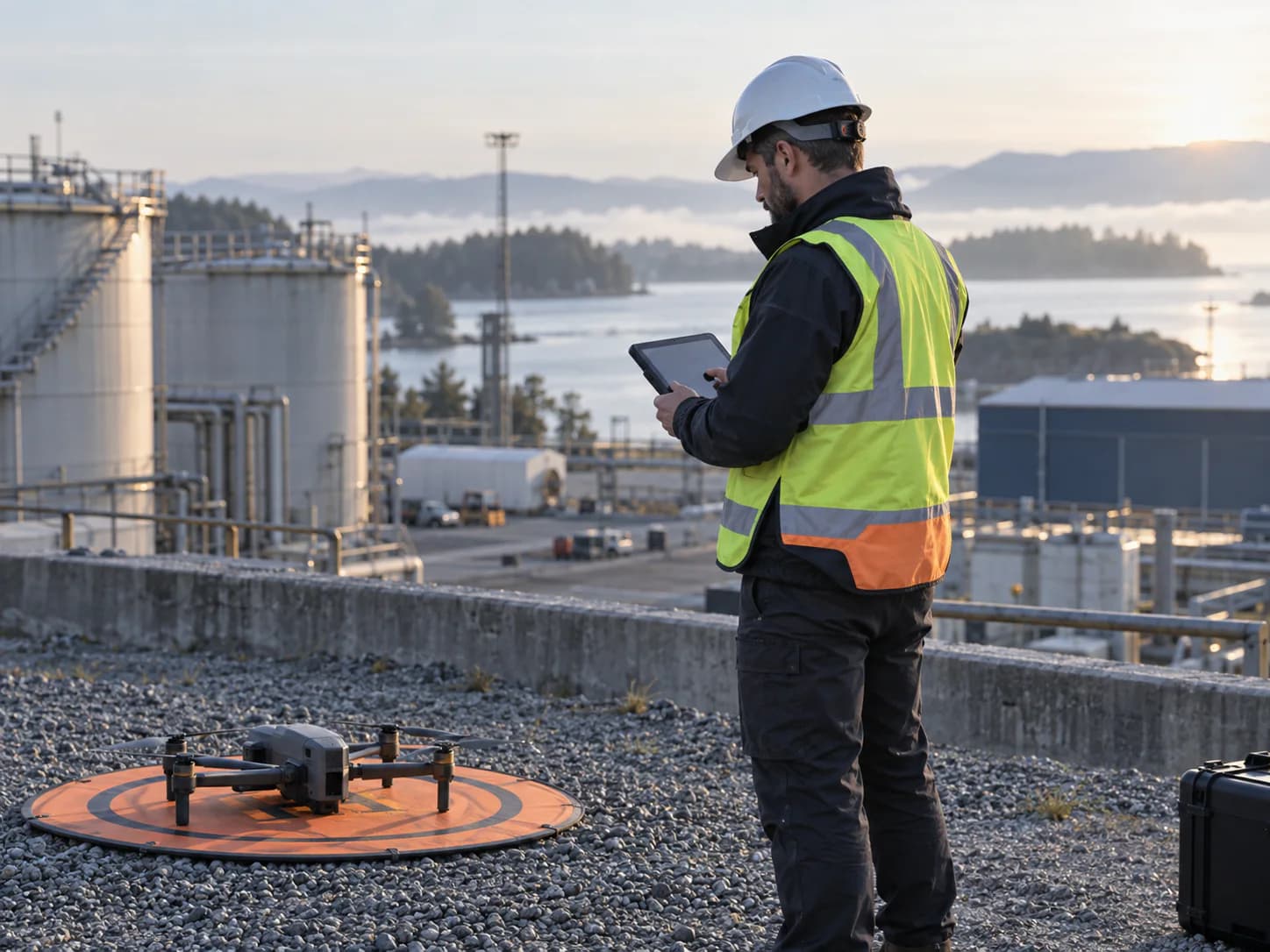 A commercial drone operator reviews a mission on a field tablet beside a safely staged aircraft at an industrial site.