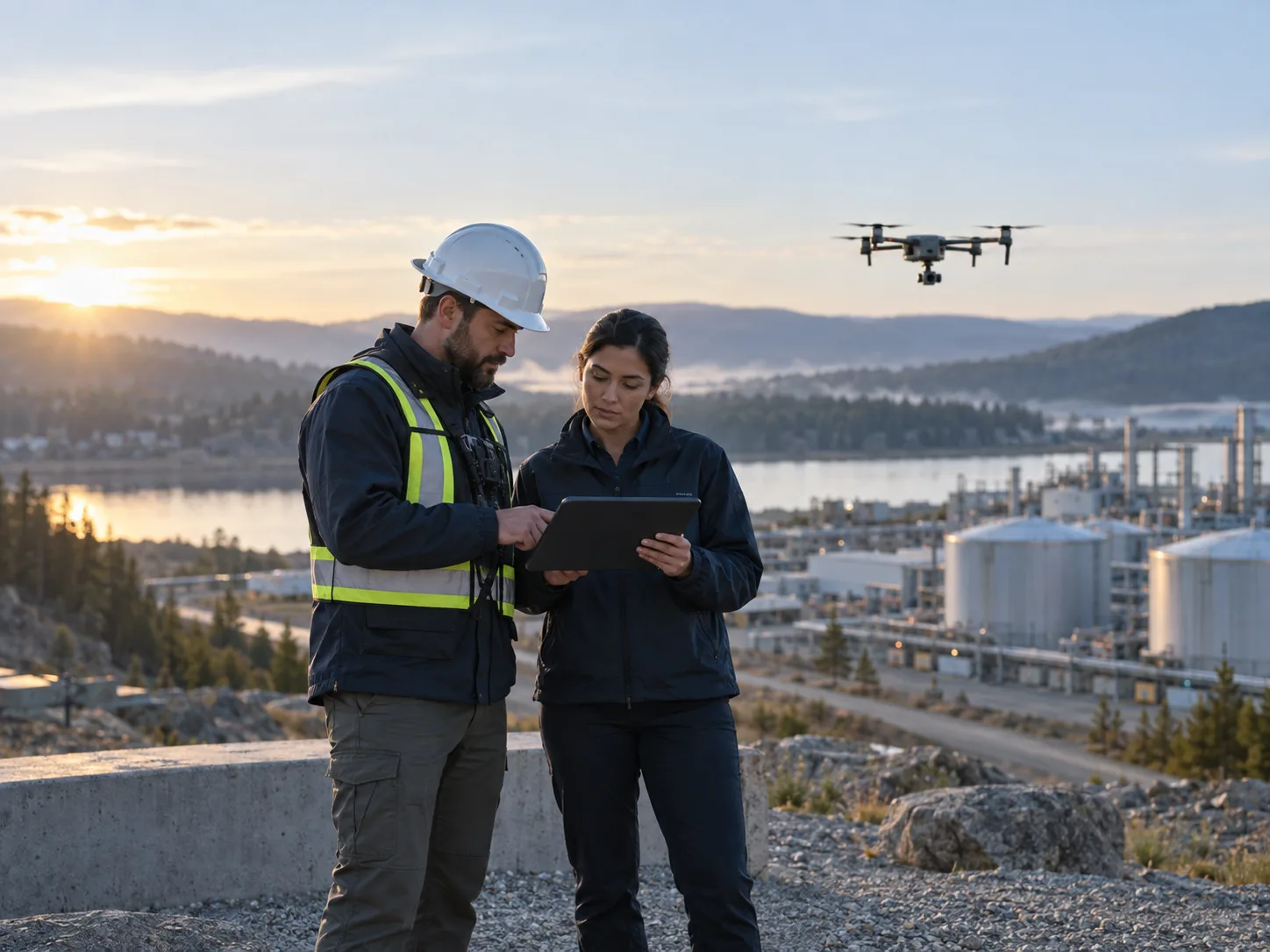 Um piloto de drone e uma líder de operações empresariais analisam juntos informações de uma missão perto de um local de inspeção industrial.