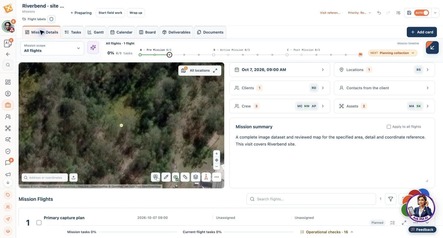 DroneJob survey mission with site map, capture scope, crew and assets.