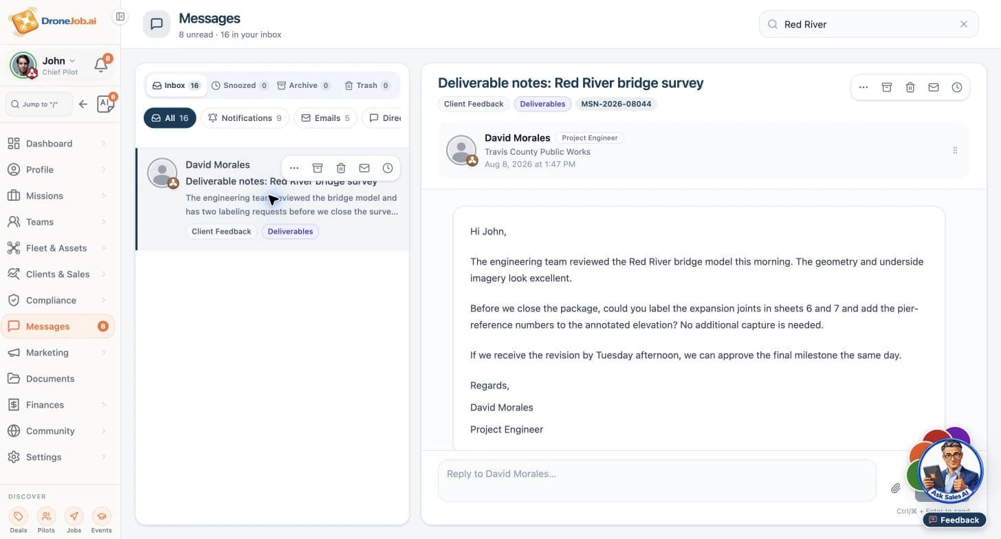 Sample bridge-delivery feedback requesting two specific corrections.