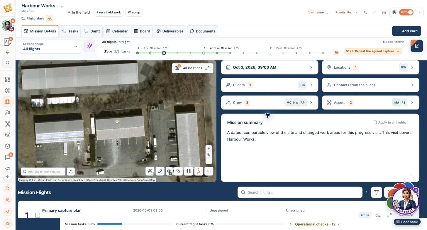October construction mission brief with crew, assets and site context.