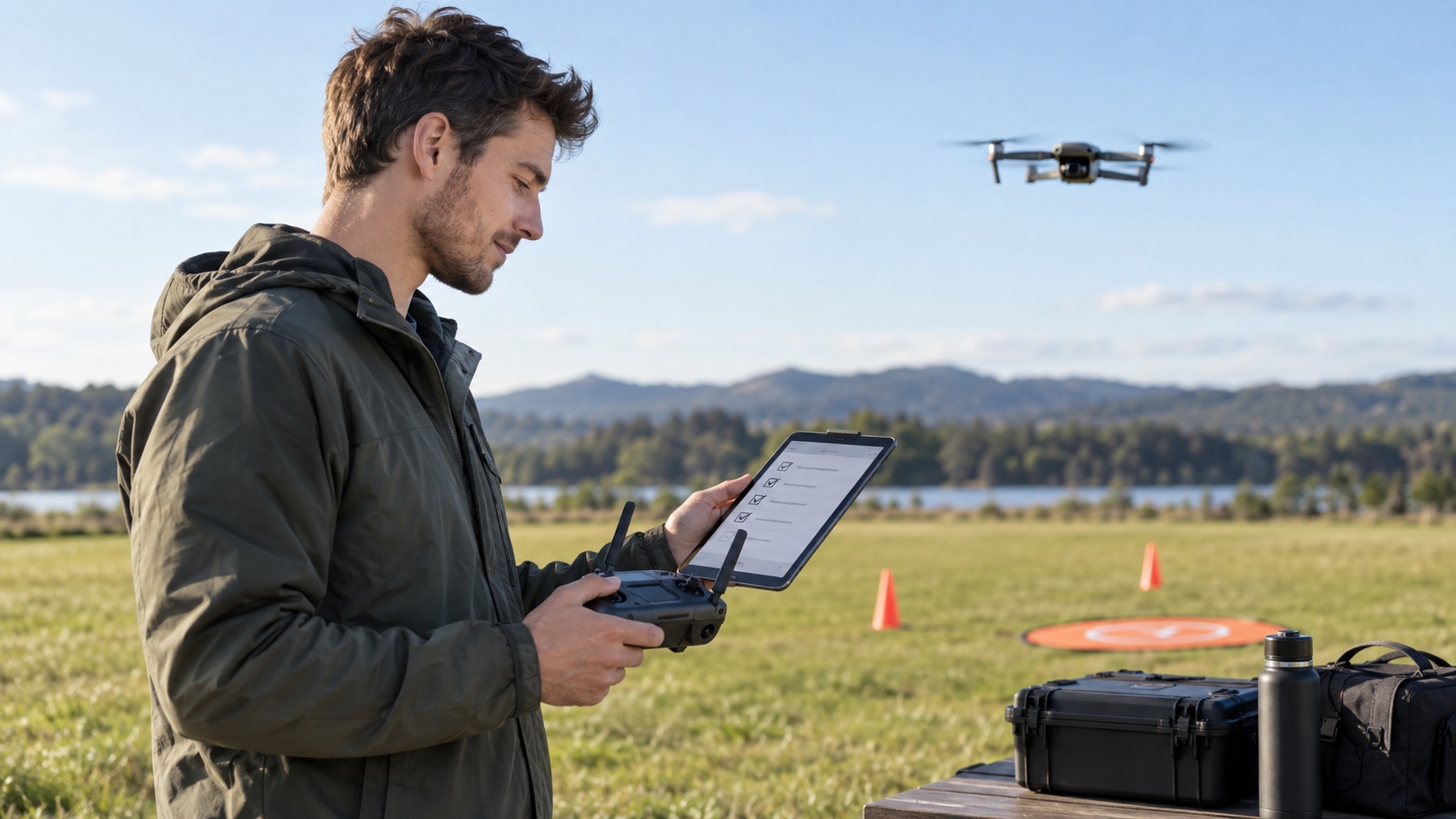 Aspiring drone pilot practicing with a controller and training checklist